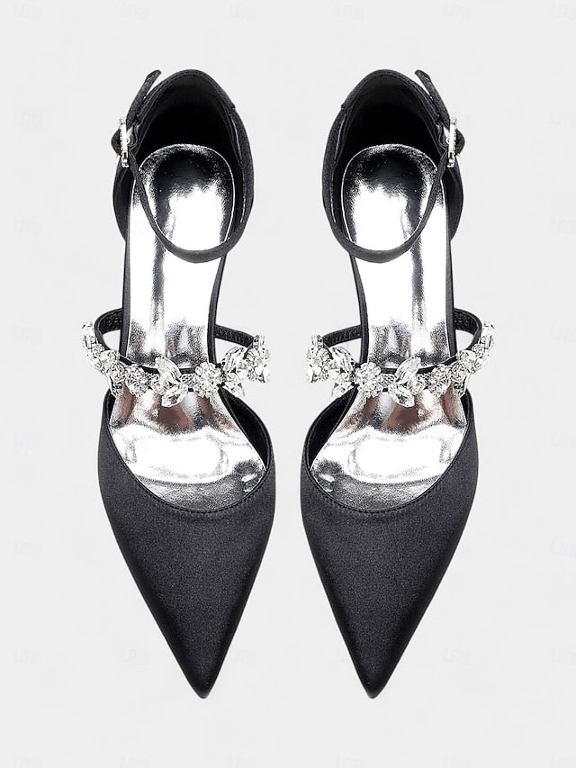 - Embellishments Rhinestone Satin Heels Black Women's with