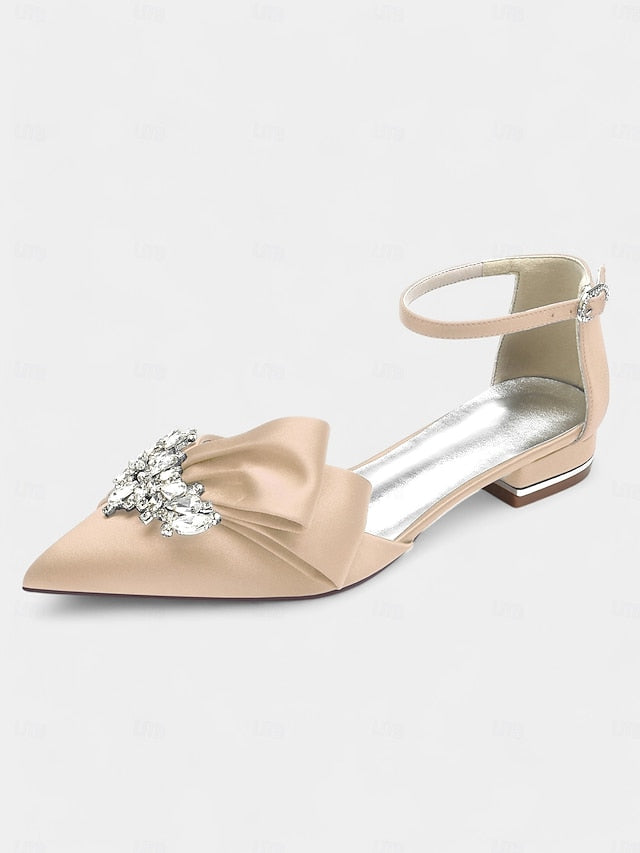 Bow with Pointed-Toe Rhinestone Ankle White Heels Satin and