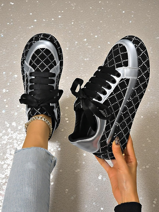 Quilted and Rhinestone Black Sneakers - Women's Silver