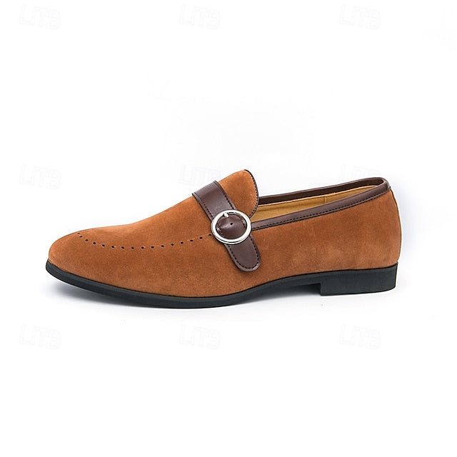 Men's Suede Brown Slip-On with Buckle Faux Strap Loafers