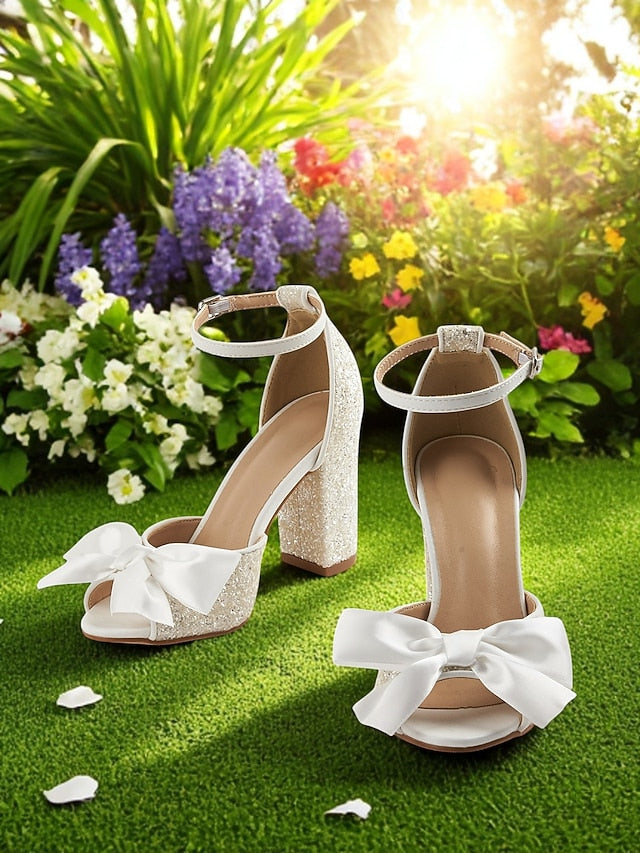 Wedding Women's Heel Ankle Block with White Glitter Sandals