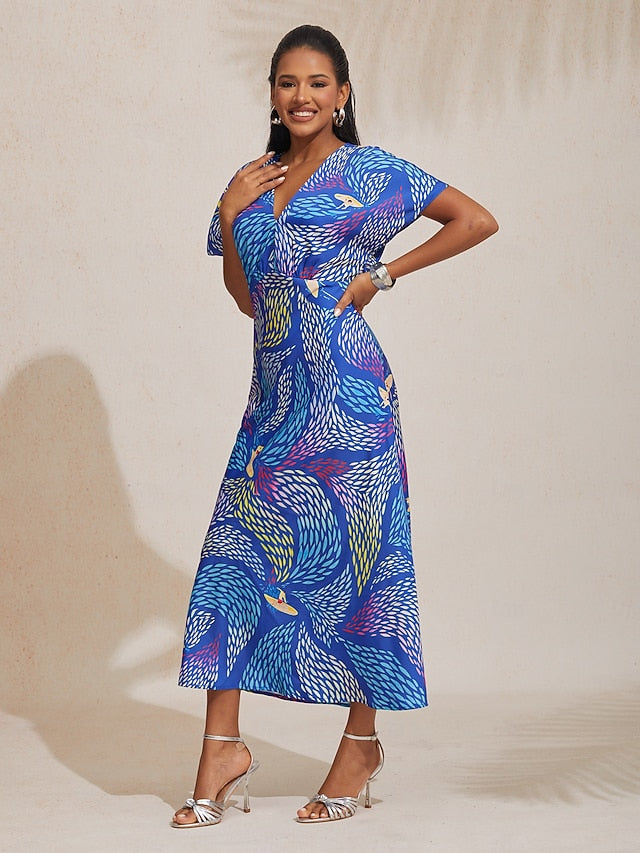 Satin Abstract Block Print Maxi Dress Vacation Party