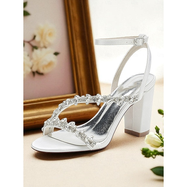 - Rhinestone Heel Block Sandals Women's Straps White with