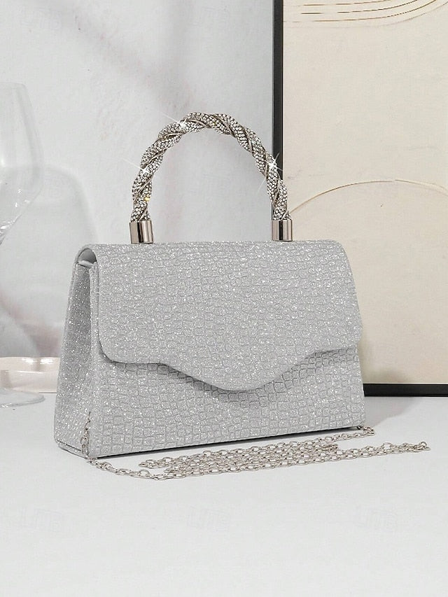Handle Handbag with Glitter Rhinestone Women's Silver –