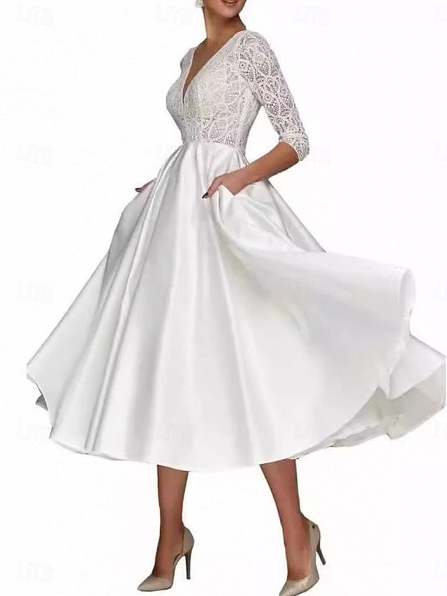 A-Line Tea Mother Elegant the Bride Neck V Dress of Simple