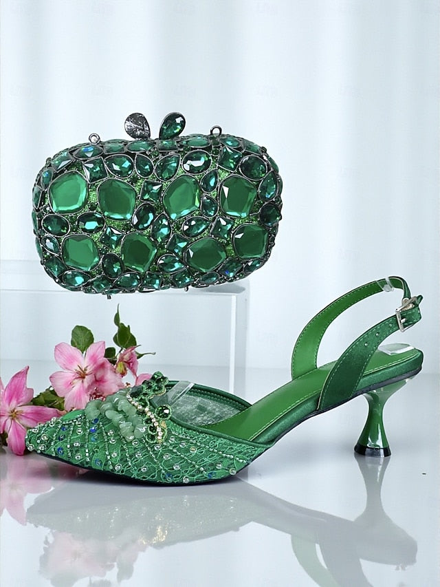 Rhinestone Set Shoes Green Bag - Clutch Heel Women's and