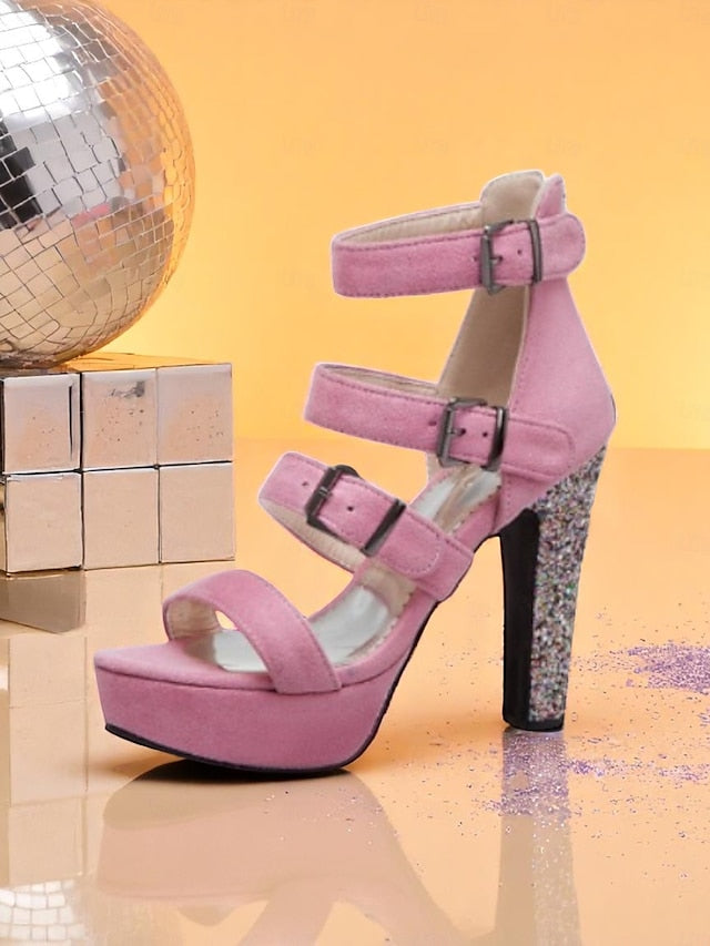 Glitter Sandals with Heel Brown Women's High Suede Platform