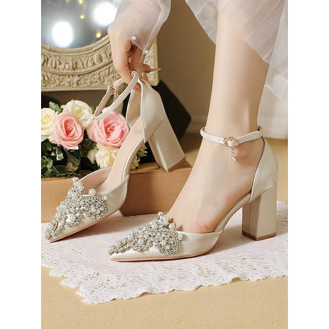 and Heel Pearl Wedding Rhinestone Women's Block Embellished