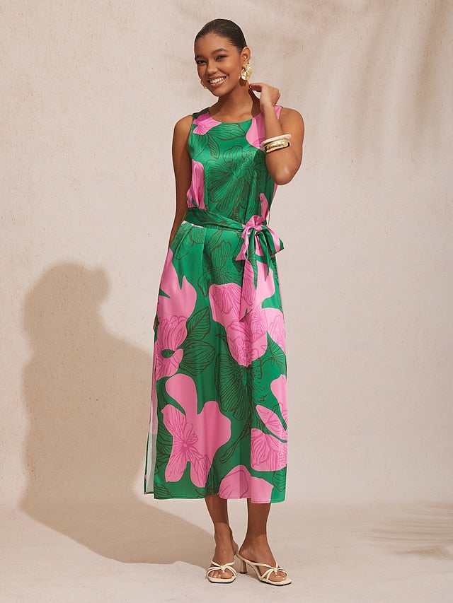 Vacation Contrast Color Floral Print Satin Maxi Dress