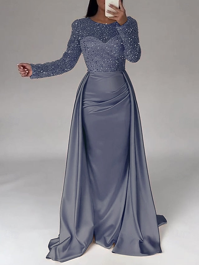 Evening Long Dress Gown Mermaid RuchedSatin Sleeves Sequin