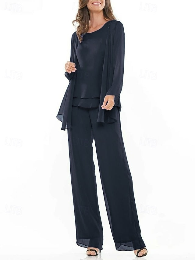 Piece Pantsuit Elegant of Crew Bride Mother 3 the Dress Neck
