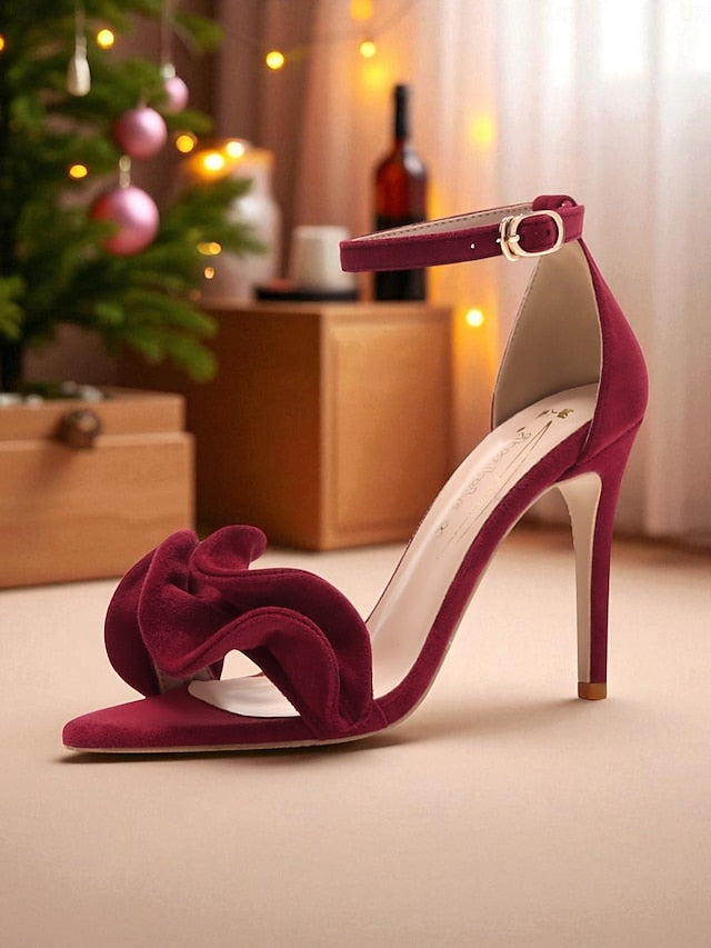 Women's High Velvet Red Heel Strap Ankle Sandals - Elegant