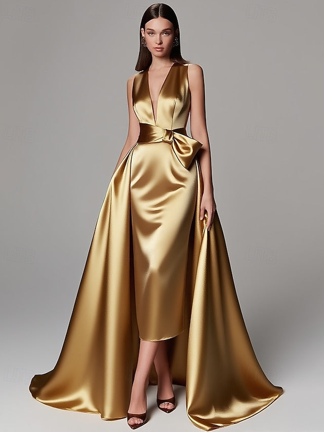 Gold A-Line Gown Formal Floor Wedding Evening Dress Elegant