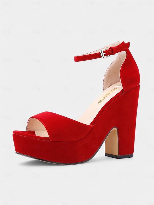 - Nude Suede Chunky Women's Platform Heel Sandals Block