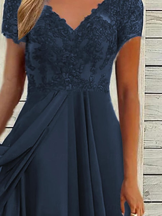 Women's Midi Dress V-neck Lace Detail Short Sleeve Chiffon