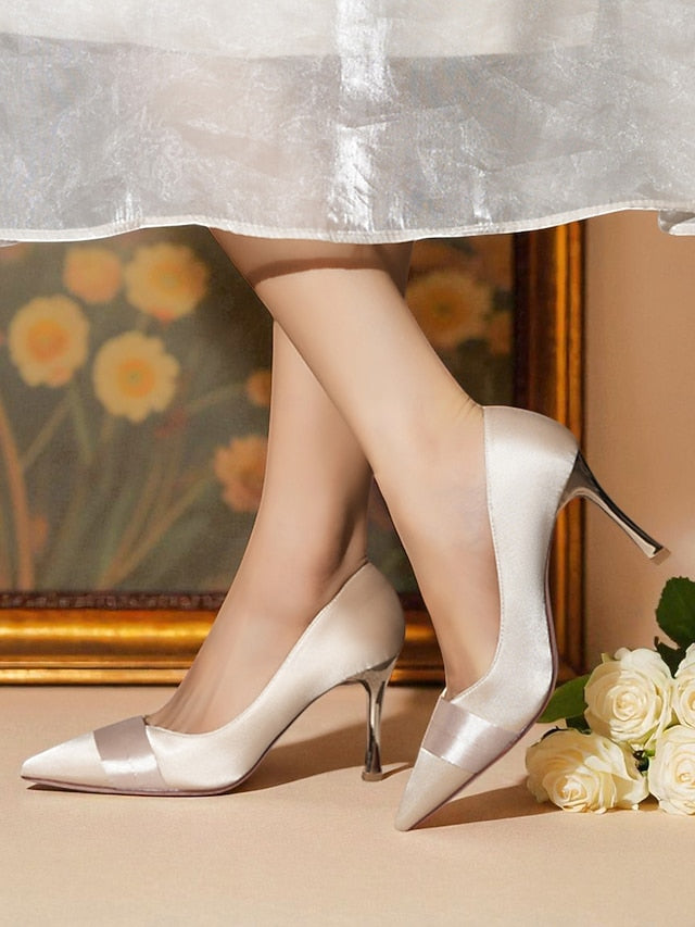 Women's Toe Pumps Dress Pointed Heel Satin - High Champagne