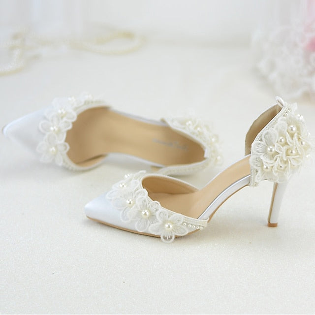 White Floral Platform Heels Wedding Lace with Women's