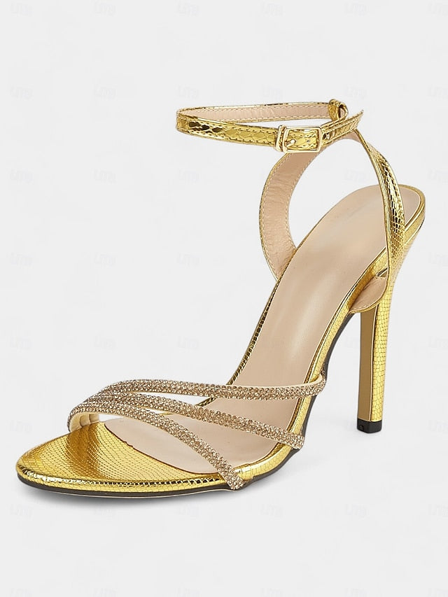 Women Sandals Rhinestone-Embellished Gold Stiletto for Open-Toe