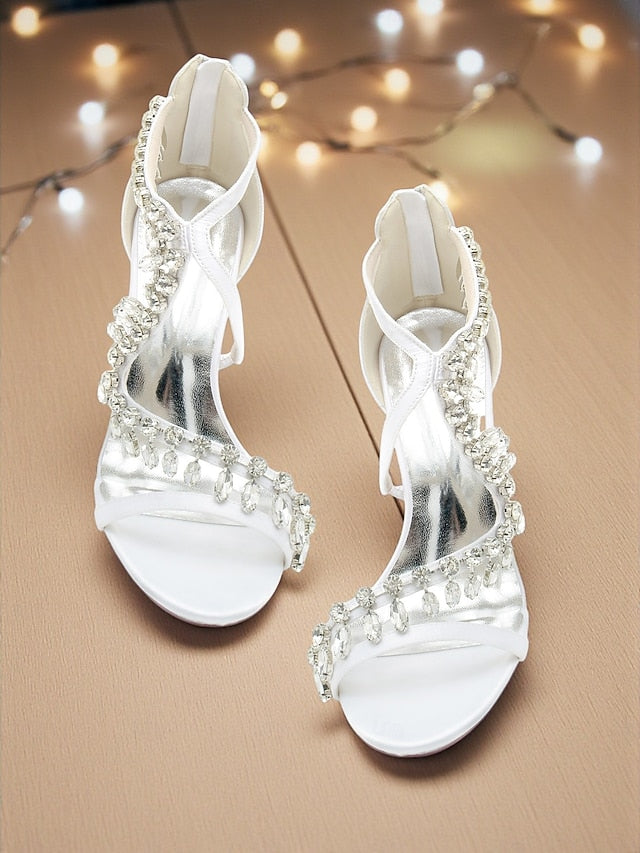 High Women's with Strappy Sandals Rhinestone White Heel