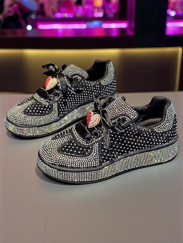 Rhinestone Sneakers with Women's Ribbon White Satin Laces