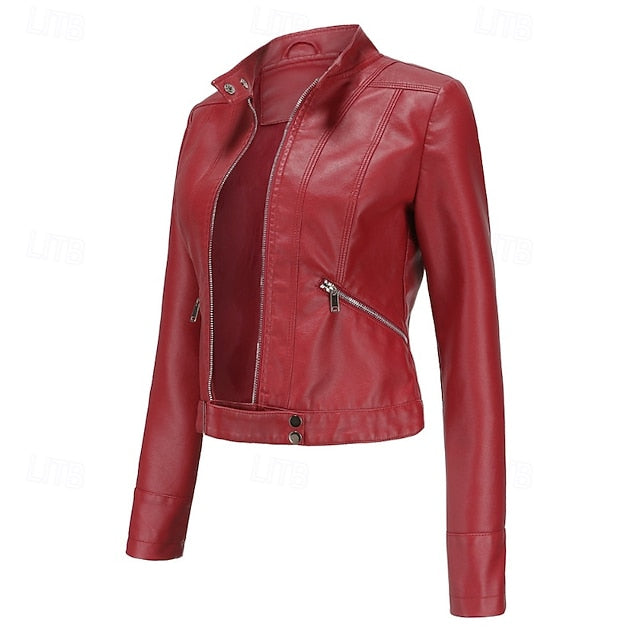 Faux Comfortable Pocket Women's Leather Jacket Zipper