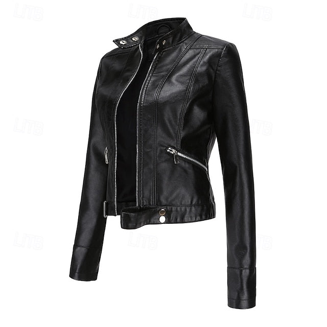 Faux Comfortable Pocket Women's Leather Jacket Zipper