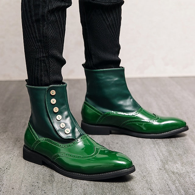 Wingtip Leather Button Vintage Stylish Green Boots - Men's