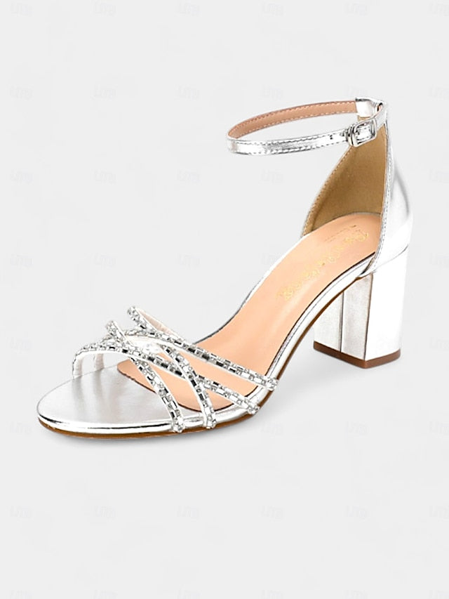 Metallic Rhinestone Block Strappy with Heel Silver Sandals