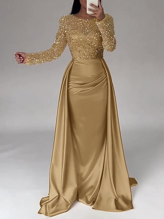 Evening Long Dress Gown Mermaid RuchedSatin Sleeves Sequin