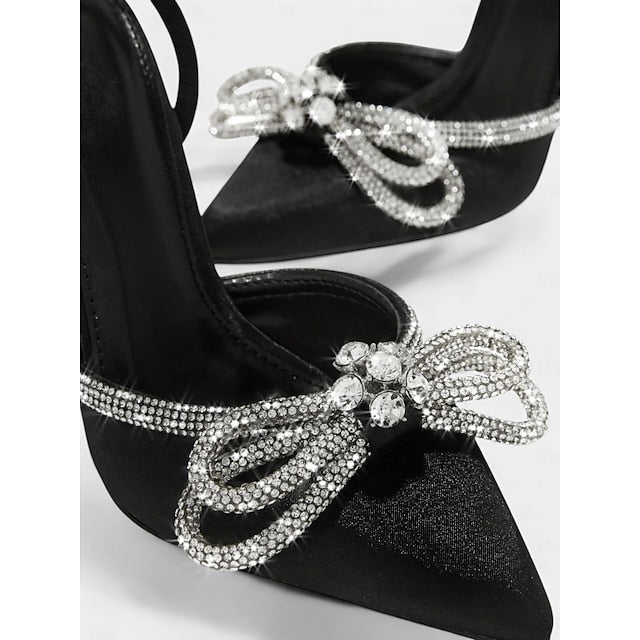 and Heels Rhinestone Bow Stiletto with Satin Women's Black