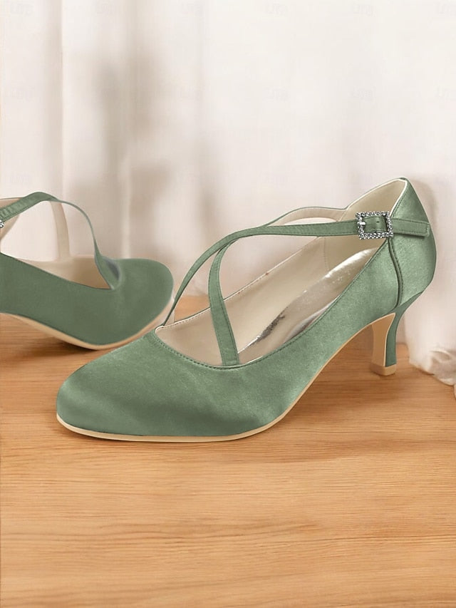 with Rhinestone White – Elegant Satin Buckle Cross-Strap Heels
