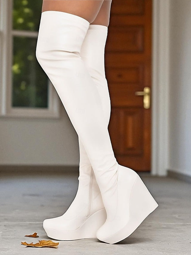 Black Heel Faux Over Boots Knee - Women's the Wedge Leather