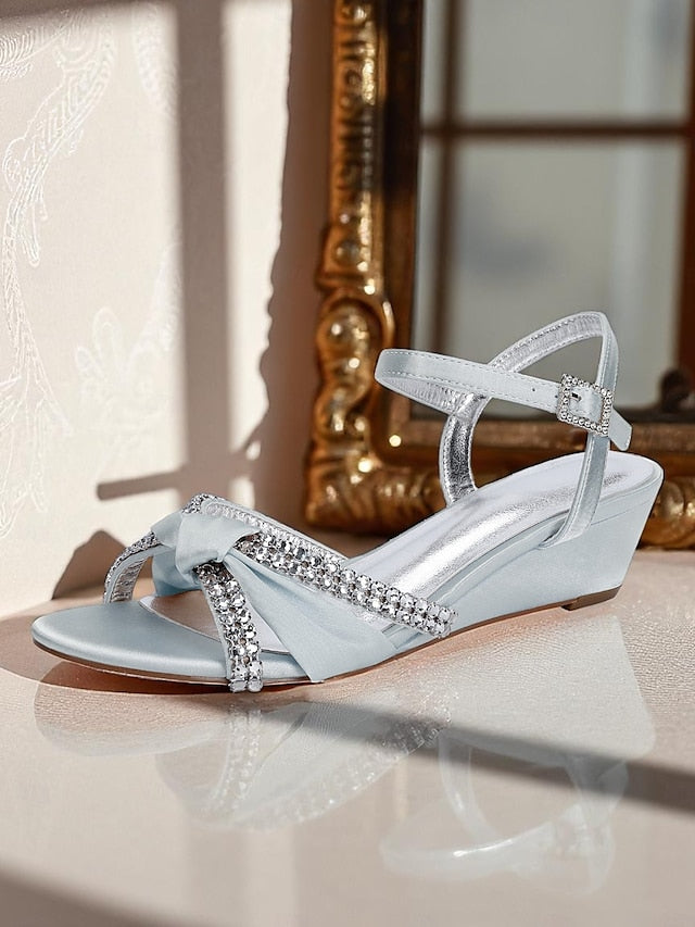 Sandals - Satin Wedge Rhinestone Dress Knot Green Women's