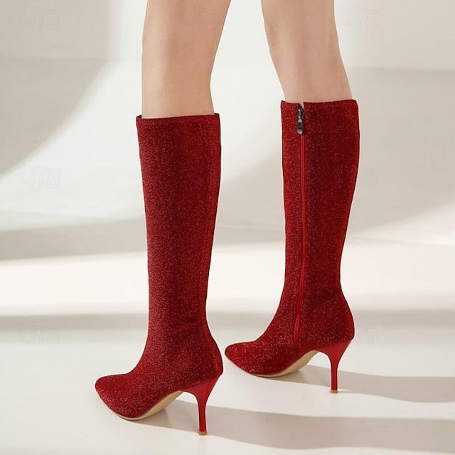 Knee-High Women's Elegant Sparkly Stiletto Boots –