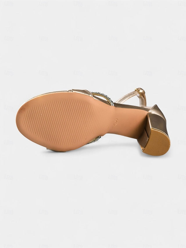 Sandals Ankle Women's Open-Toe Heel PU - Gold Block Strap