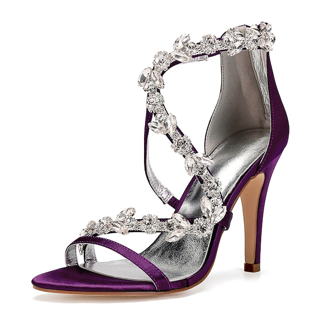 Floral Pink Sandals with High Heel Rhinestone Women's Satin