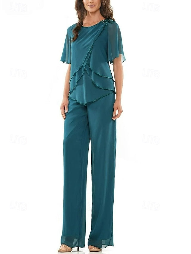 of Dress the Mother Two Piece Elegant Crew Neck Pantsuit Bride