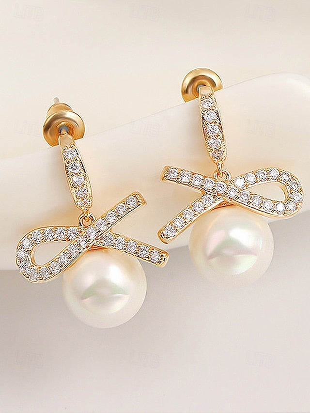 Christmas Rhinestone Pearl Bow Earrings and with Women's