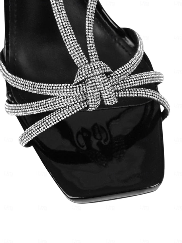 with Toe Women's Square Rhinestone Strappy Heels Stiletto
