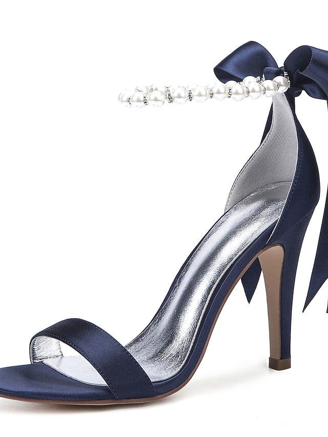 Satin Ankle Strap – Heel Navy Sandals Pearl High Women's
