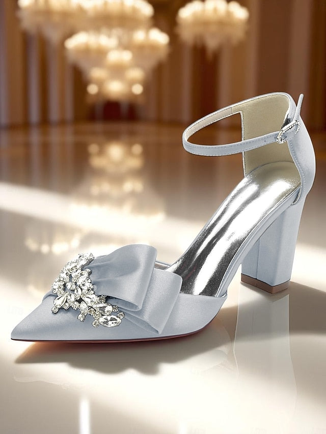 Heel Women's Block Bow Satin Pumps and with Crystal
