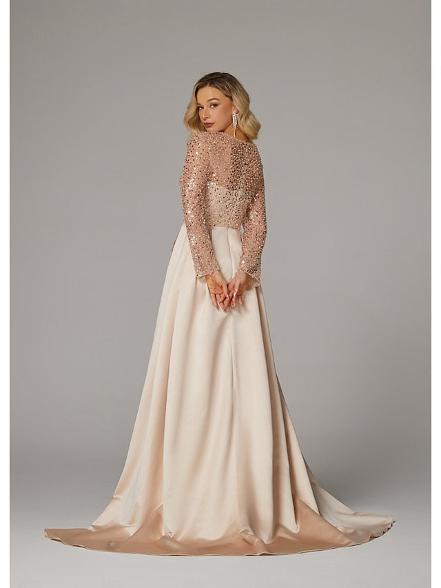 Evening Long Dress Gown Mermaid RuchedSatin Sleeves Sequin