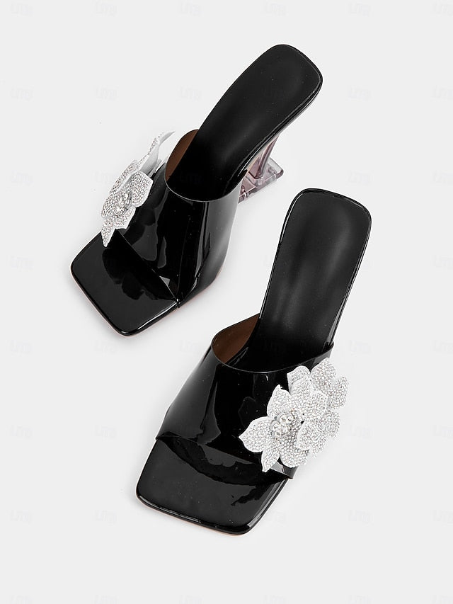Leather Rhinestone Mules Women's with Flower Patent Black