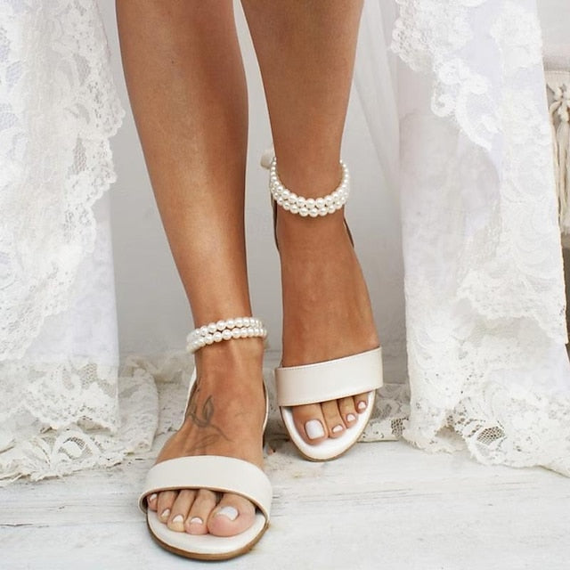 Ankle Sandals – White Strap Flat with Women's Pearl