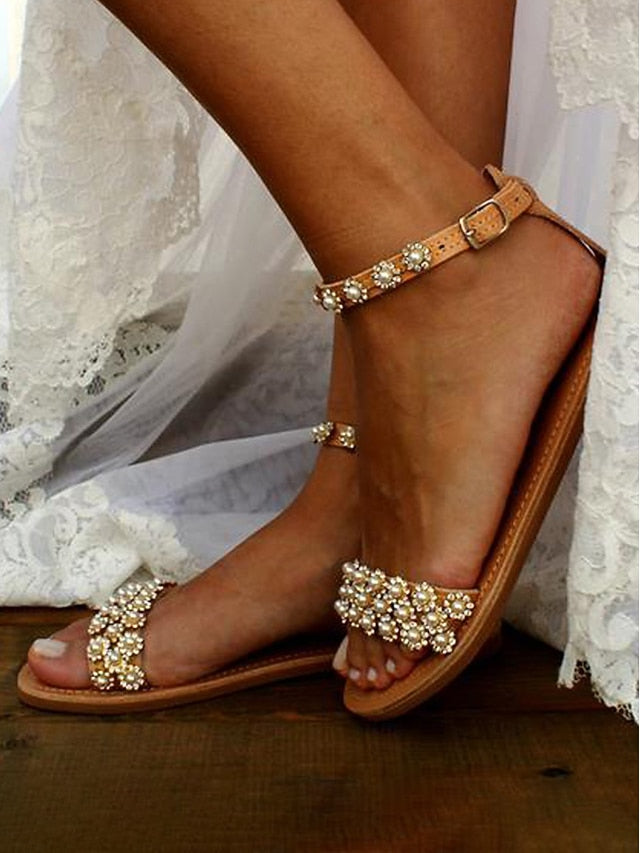 Chic Floral Straps Sandals Ankle Boho for Flat with Beaded