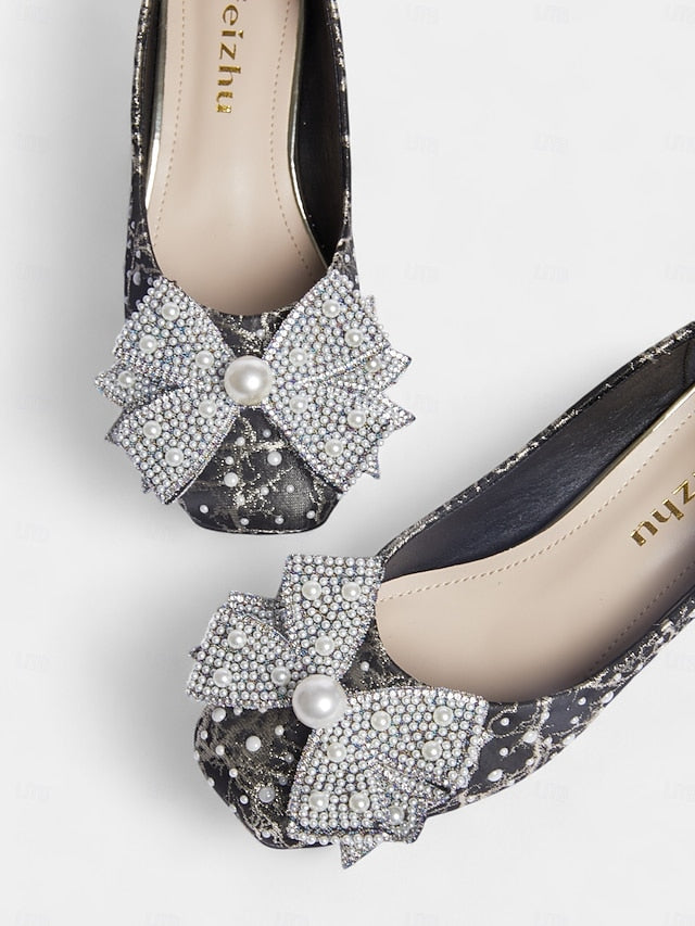 and Detail Gold Pumps with Black Bow Pearl-Embellished –