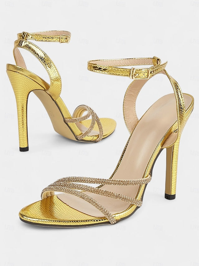 Women Sandals Rhinestone-Embellished Gold Stiletto for Open-Toe