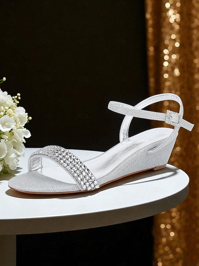 Wedge - Rhinestone Toe Women's Champagne Open Sandals