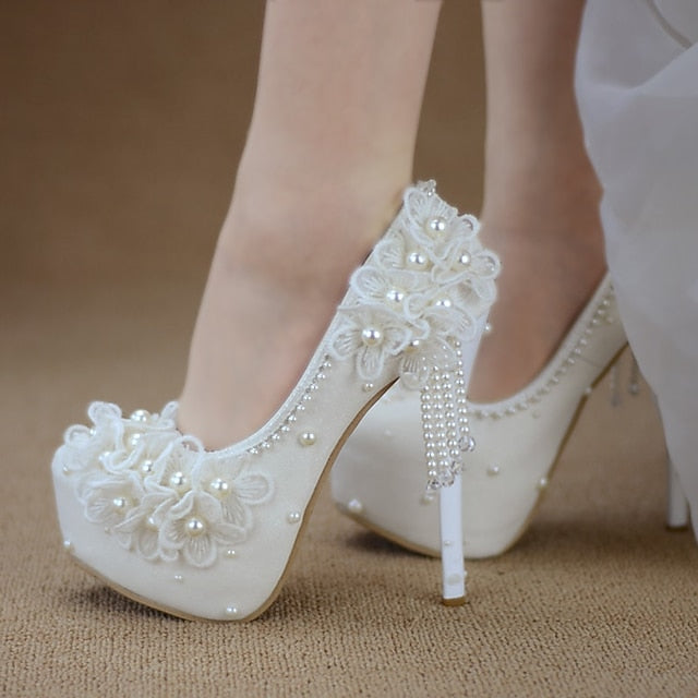 White Floral Platform Heels Wedding Lace with Women's