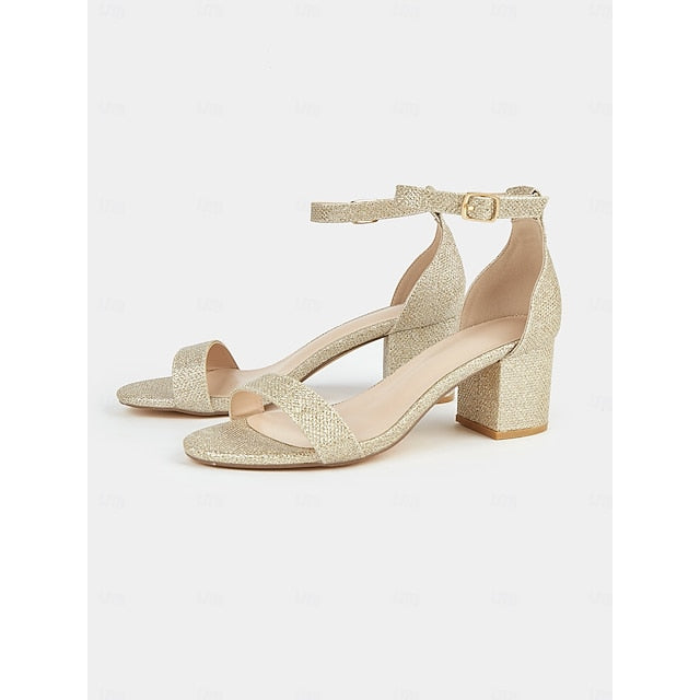Stylish Ankle Gold Sandals Block with Glitter Heel Women's